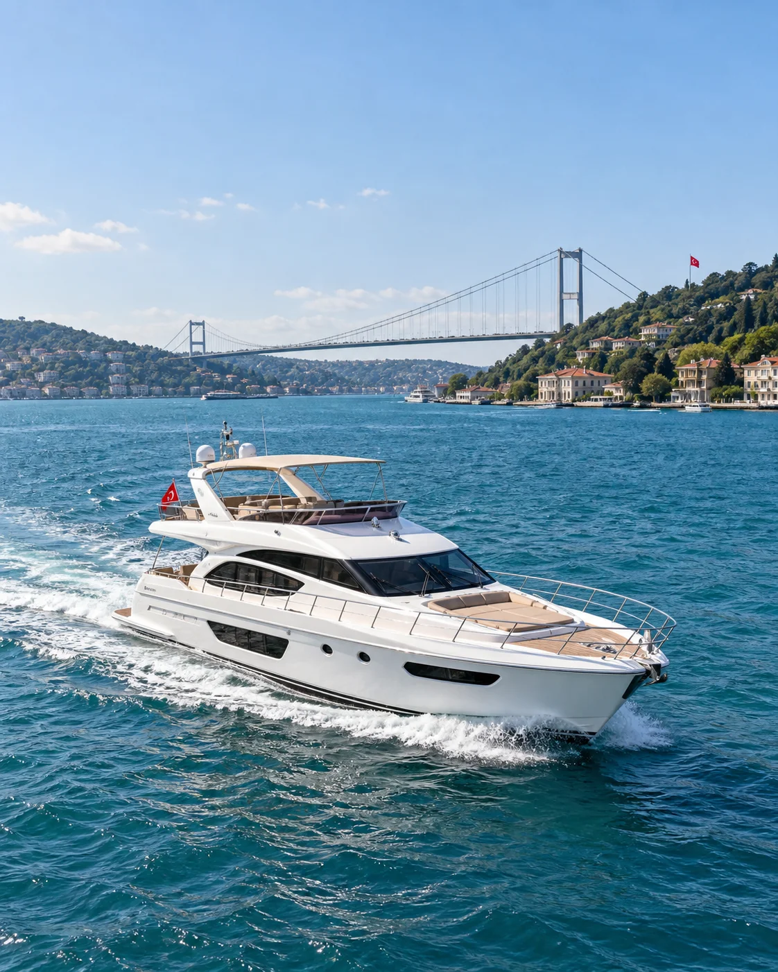 İstanbul Boğazı’nda köprü manzarası eşliğinde seyreden beyaz yat